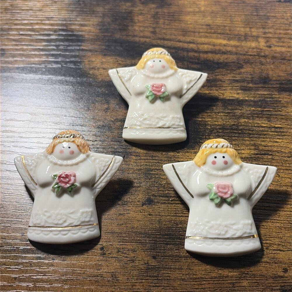 Lot of 3 Hand Painted Ceramic Angel Brooch Porcelain Pottery Pink Heart Bouquet